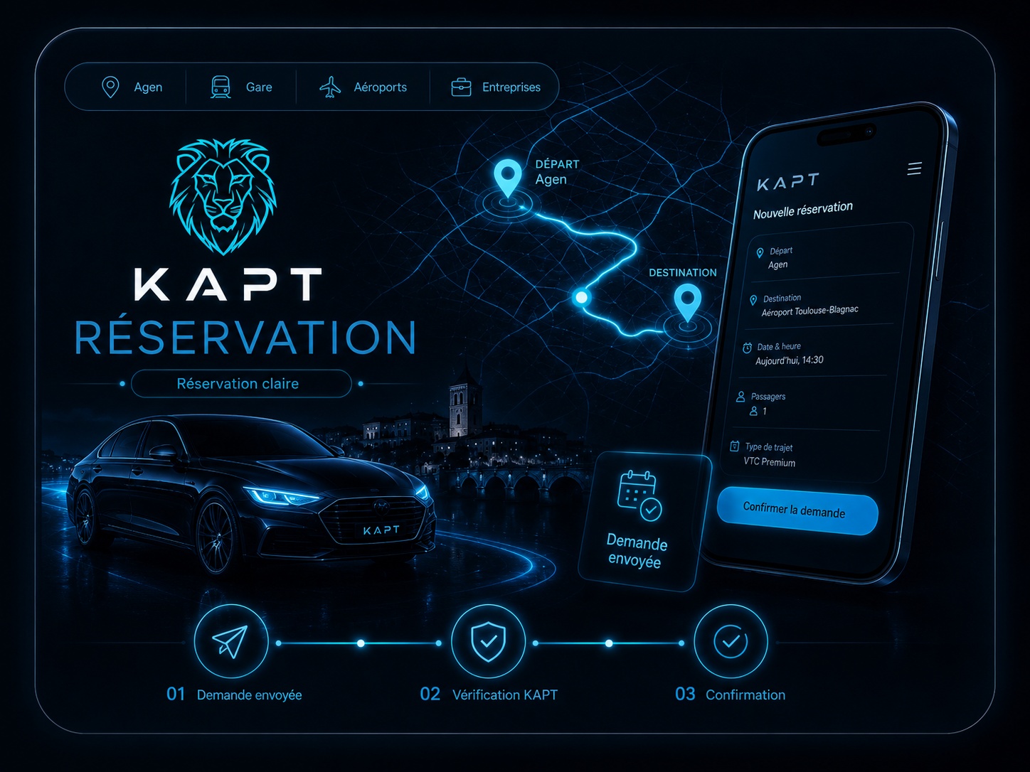 Illustration premium KAPT Réservation avec trajet Agen, téléphone de réservation et étapes de confirmation