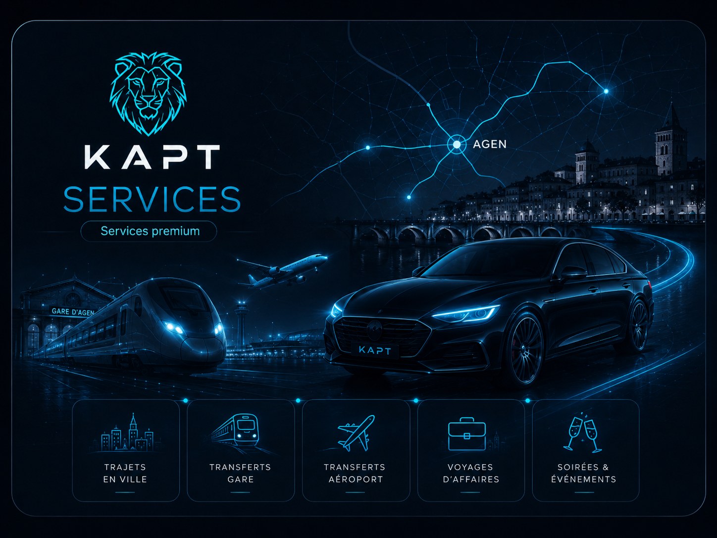 Illustration des services VTC KAPT à Agen : ville, gare, aéroport et professionnels