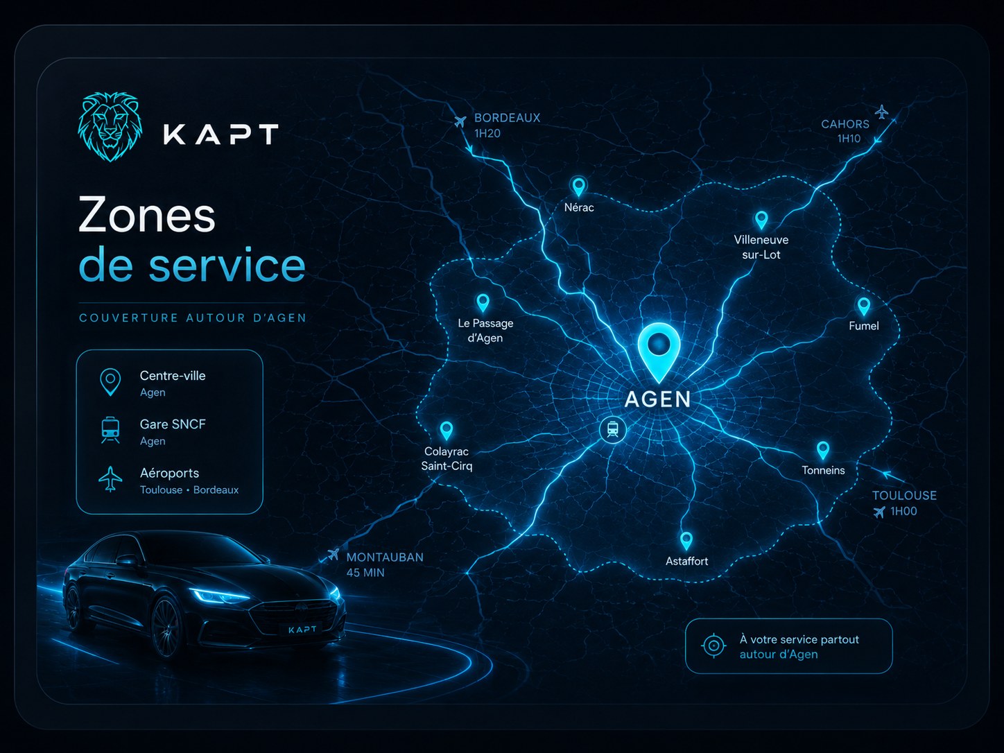 Carte stylisée des zones de service KAPT autour d’Agen